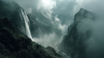 Fototapeta premium Massive Waterfall Cascading into an Abyss Surrounded by Mist