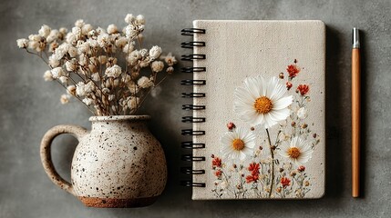 Dried flowers in speckled pottery, floral - patterned spiral notebook, and wooden pen on gray background, creating artistic and serene writing atmosphere