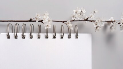 Blank spiral calendar with blooming white - flowered branch on metal coils, minimalist background highlighting fresh, natural, plan - ready state, related to seasons and new plans