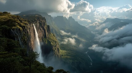 Fototapeta premium Majestic Waterfall Flowing into Lush Green Valley and Clouds