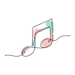 Obraz premium Single line drawing of a musical eighth note with pastel watercolor splashes musical symbol