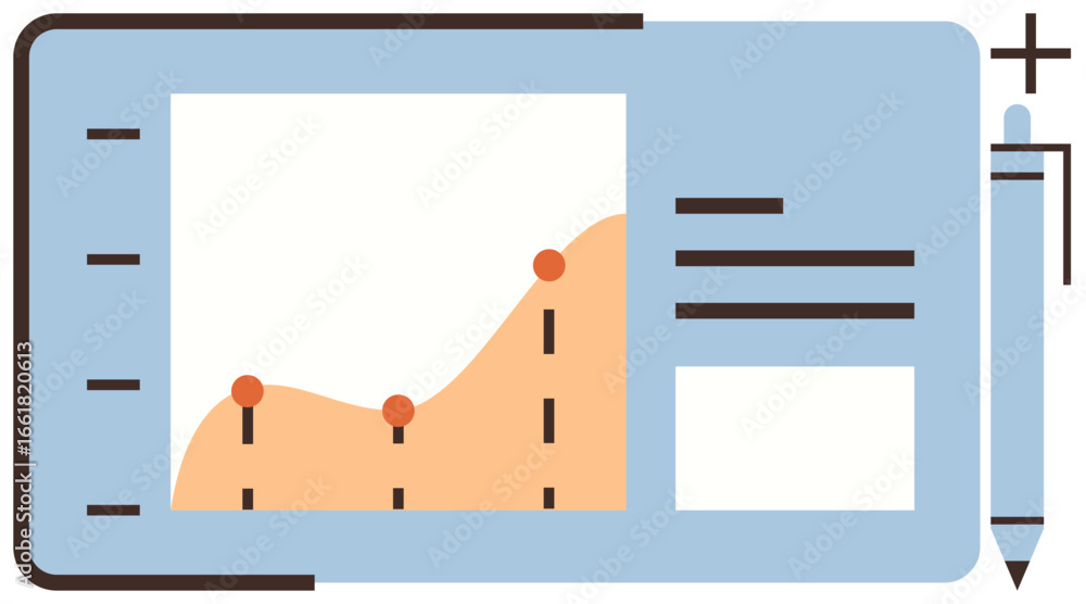 Poster line graph with data points tracking performance, text metrics, and pen on dashboard interface. idea