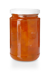 Tasty apricot jam in jar isolated on white