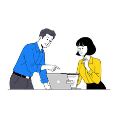 Business Collaboration on Project: Capturing a moment of focused collaboration between a man and woman. The duo intently examining laptop