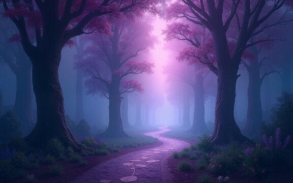 Fantasy and fairytale magical forest with purple and cyan light lighting pathway. Digital painting landscape. High quality