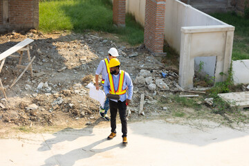 Engineering people, construction site. construction worker planning and architecture in construction site. Caucasian men