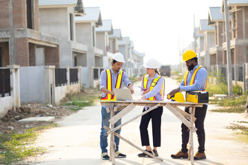 Engineering people, construction site. construction worker planning and architecture in construction site. Caucasian men