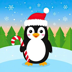Festive Penguin with Candy Cane in Winter Wonderland Scene &ndash; Fun Illustration for Holiday Cheer
