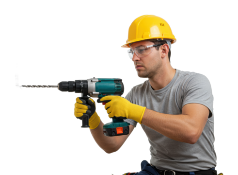 Construction worker using power drill on job site industrial environment action shot focused viewpoint isolated PNG