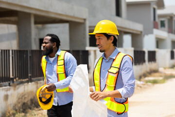 Engineering, construction site. construction worker planning and architecture in construction site