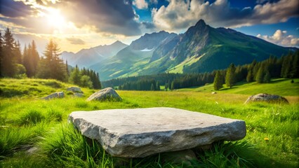 Stone granite podium in mountain landscape background