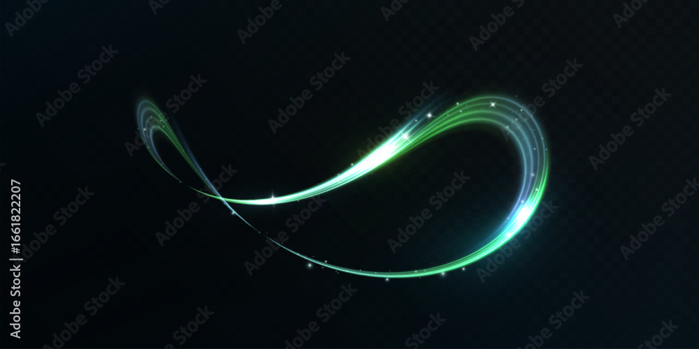 Poster glowing green light trail with curved luminous motion and sparkling particles forming a dynamic wave