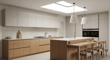 Japandi style serene kitchen with ash wood cabinetry and ivory accents, stone countertops and ceramic backsplash, lifestyle interior photography for premium stock and editorial design use