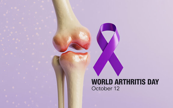 Photo of world arthritis day awareness with purple ribbon and knee joint illustration for october 12, promoting health and support for arthritis patients