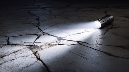 Illuminating Cracked Ground: A flashlight casts a beam of light upon a fractured surface, revealing intricate textures and shadows. The contrast between light and dark accentuates the damage.