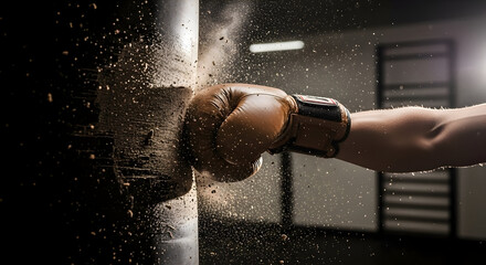Dynamic Boxing Punch: Powerful Boxer Striking Punch Bag with Leather Gloves in Intense Workout Session, Capturing Action and Impact