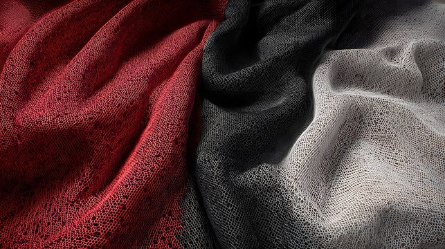 Draped Textured Fabric in Red Black and White with Open Weave Pattern textile