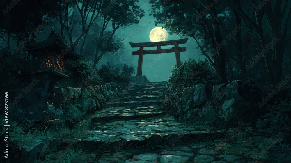 Poster enchanted moonlit path to an ancient shrine in a serene forest