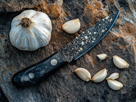 A garlic on the stone board with a knife.