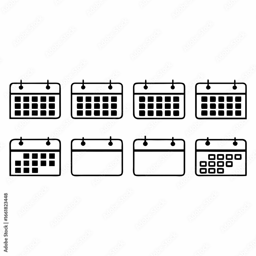 Poster collection of calendar icons featuring different layouts and styles for planning