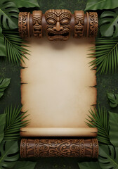 Tiki Scroll Background with Tropical Leaves