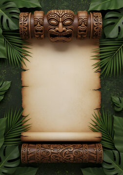Tiki Scroll Background with Tropical Leaves