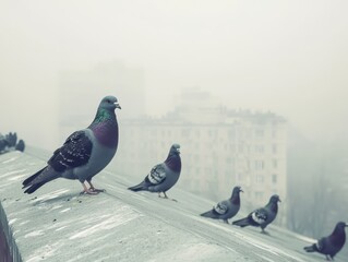Pigeons are sitting on the roof.