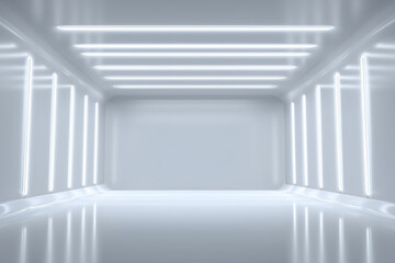 Obraz premium Futuristic white corridor with neon lights and empty space