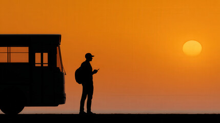 young man with backpack stands beside bus phone in hand ready for adventure