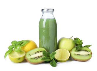 Tasty juice in glass bottle, fresh fruits, mint and basil isolated on white