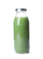 Tasty juice in glass bottle isolated on white