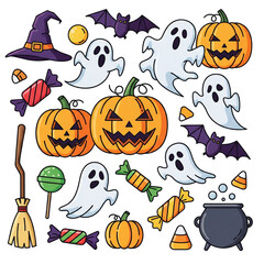Spooky halloween icons featuring pumpkins ghosts bats and candy