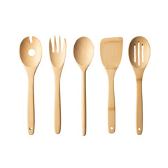 Set of wooden kitchen utensils for cooking and serving isolated on transparent background