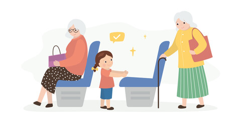 Polite little girl gives up her seat on public transport to an elderly woman. Funny child stands up so that old lady can sit down. Granddaughter and aged ladies in transport.