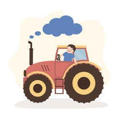Little boy farmer on tractor. Happy childhood banner or poster with child driving toy tractor in countryside. Kids play activity or playground entertainments advert.
