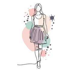 Single line drawing of a woman in a dress with abstract pastel shapes and dots fashion continuous line