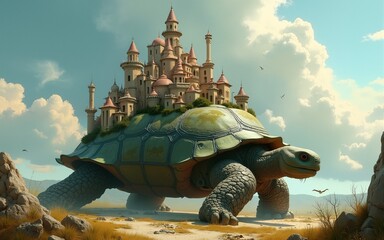 A fantastical city rests atop a colossal tortoise. High quality