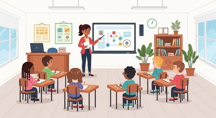 Diverse Elementary Classroom Engaging Teacher Leading Interactive Lesson with Diverse Students.