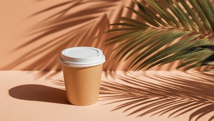 Beige Coffee Cup with Palm Leaf Shadows