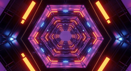Abstract futuristic hexagon tunnel with neon lights creating a mesmerizing and immersive visual experience