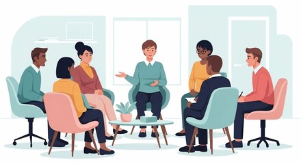 Diverse Group Therapy Session Empathetic Support in a Bright Modern Setting.