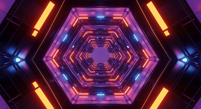 Abstract futuristic hexagon tunnel with neon lights creating a mesmerizing and immersive visual experience