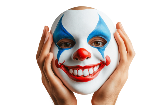 Close-up of a funny mask featuring colorful clown smile for costume and entertainment isolated on transparent background PNG