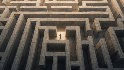 Lost in Thought: A Silhouette Navigating a Complex Maze, Seeking a Path Through the Labyrinth of Concrete