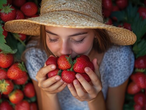 A young woman is holding and smelling fresh strawberries. - Powered by Adobe