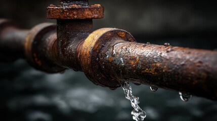Old Rusted Pipe with Leaking Water Droplets in Industrial Setting