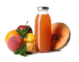 Tasty juice in glass bottle, fruits and mint isolated on white