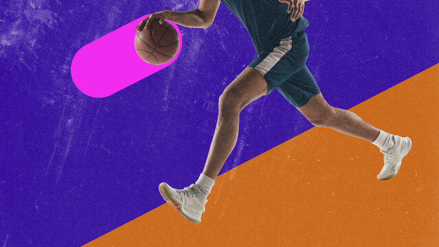 Digital collage of basketball dribble with neon glowing trail on geometric background. Concept of urban sport, energy, lifestyle, youth culture, teamwork, fitness and creative design.