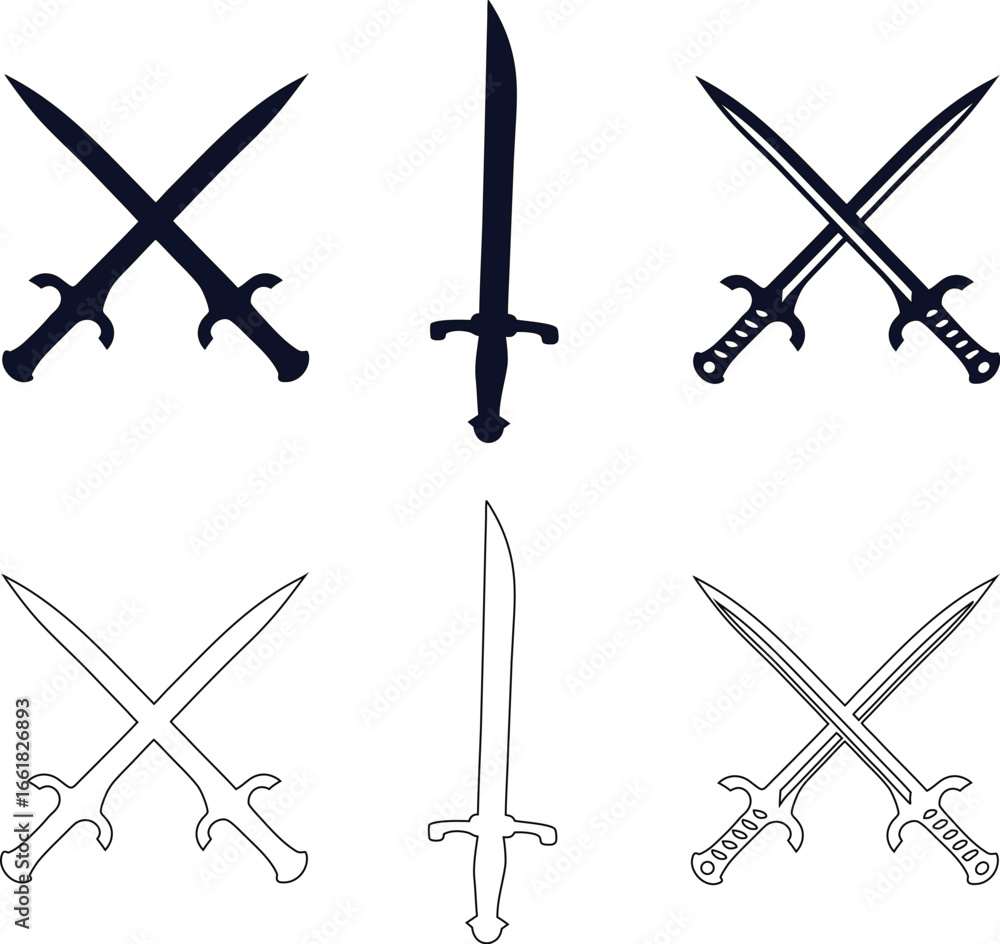 Poster cross sword and simple sword icon set in silhouette and outline styles