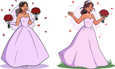 Bride holding bouquet and celebrating in a wedding dress with flowers  